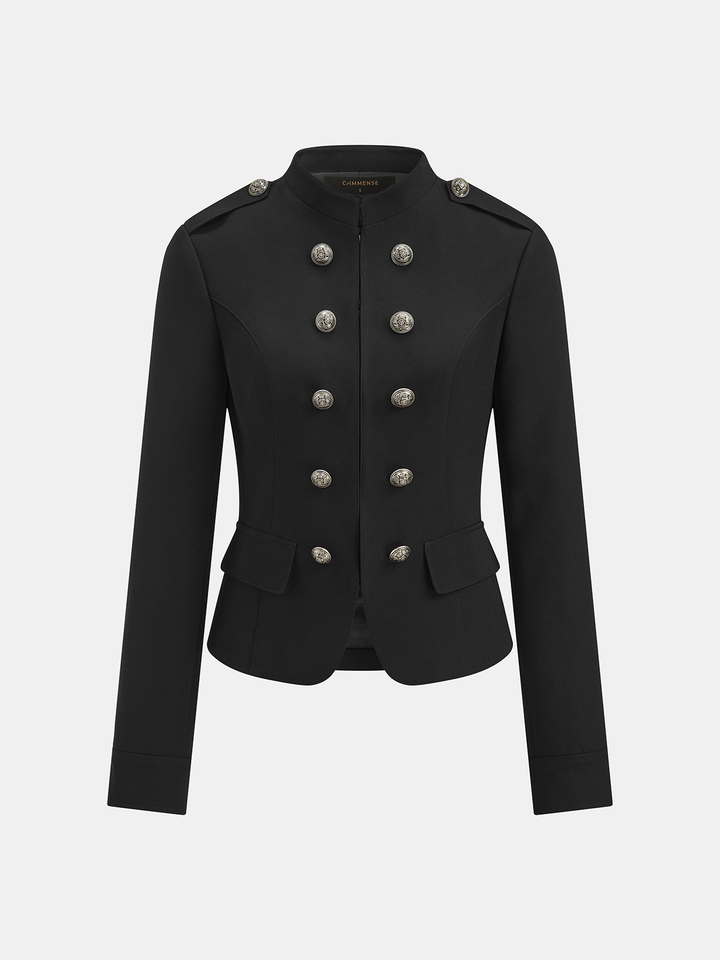 Product shot of the black military jacket with stand collar, epaulettes and peplum hem