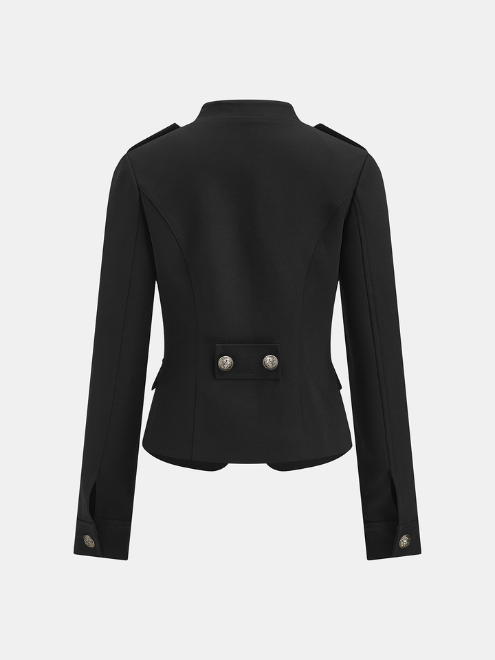 Back view of black fitted military jacket with button tab detail at the waist