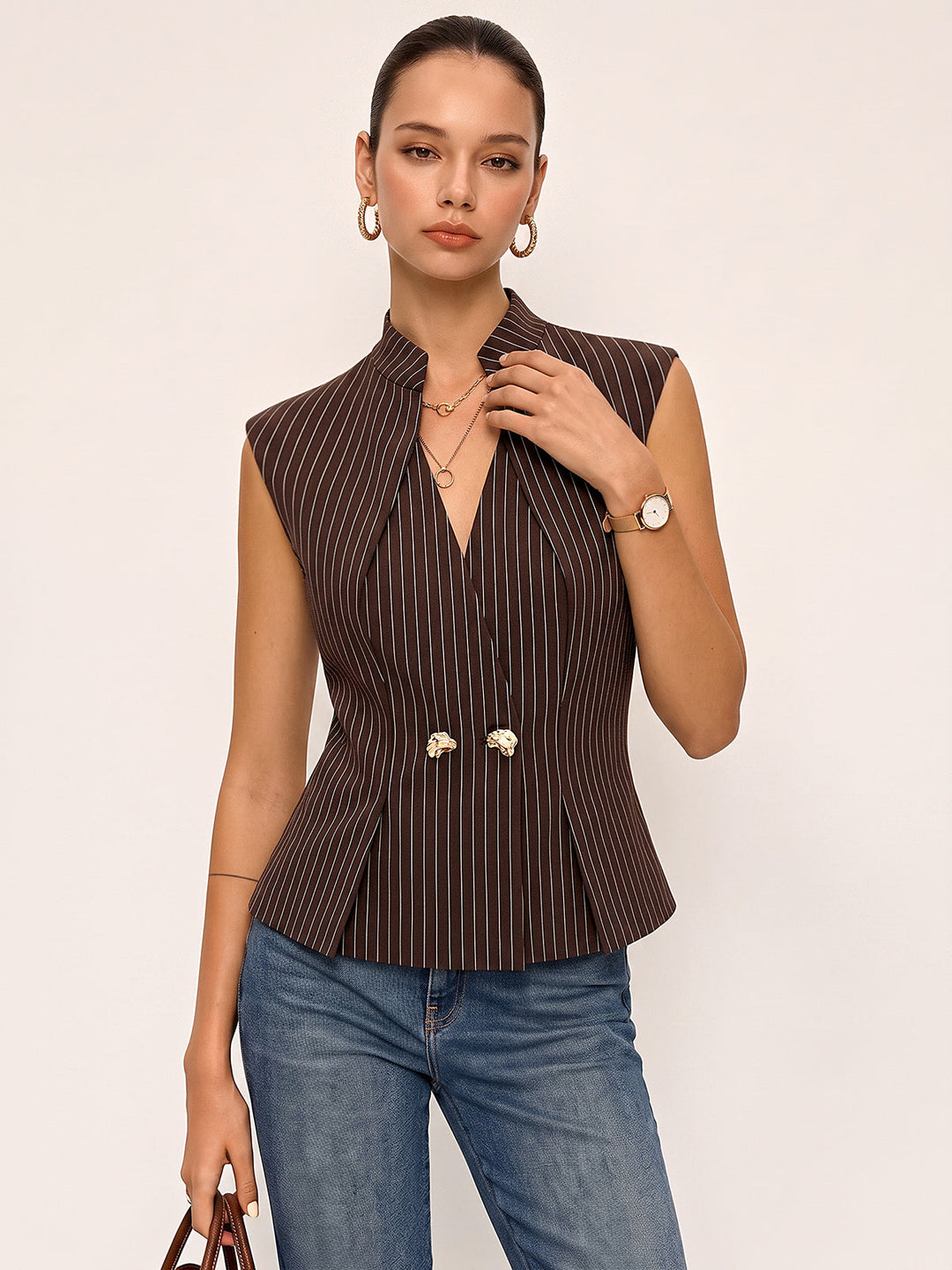 Metal Button Pinstripe Sleeveless Vest — women's vests, front view