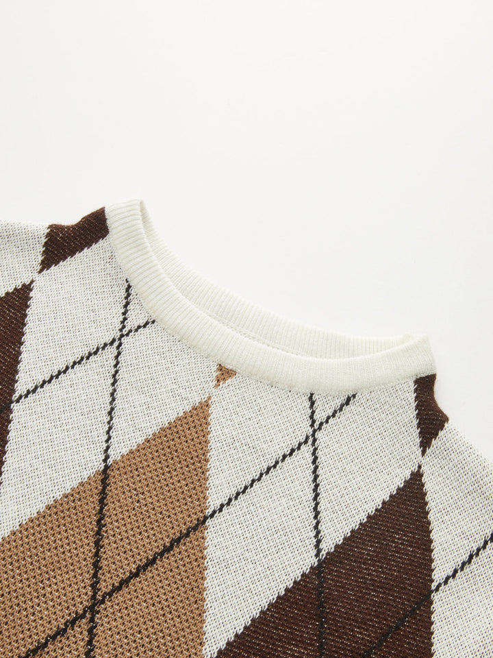 Color‑Block Argyle Short Sleeve Knit Sweater