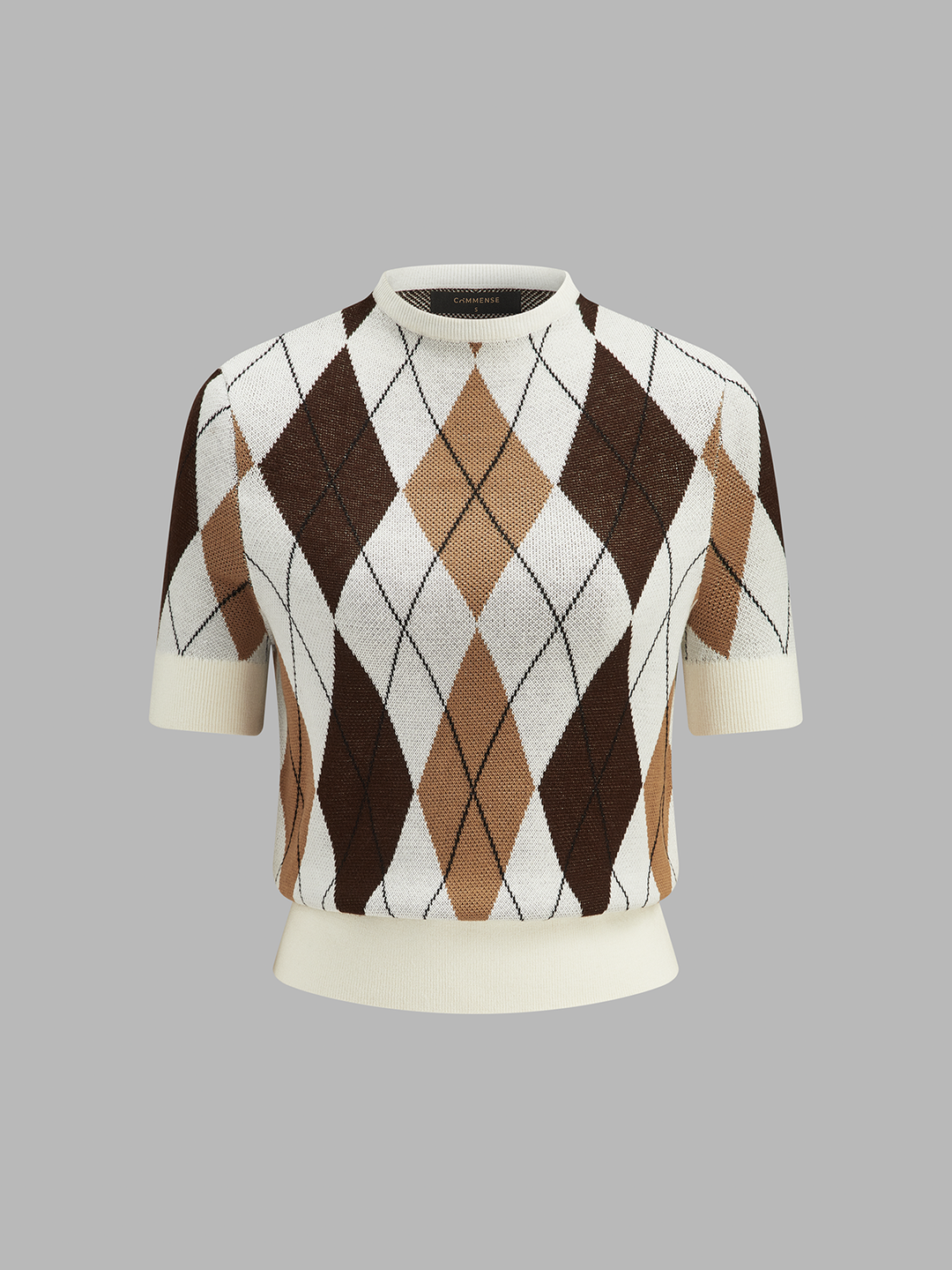 Color-Block Argyle Short Sleeve Knit Sweater - women's sweater, back view