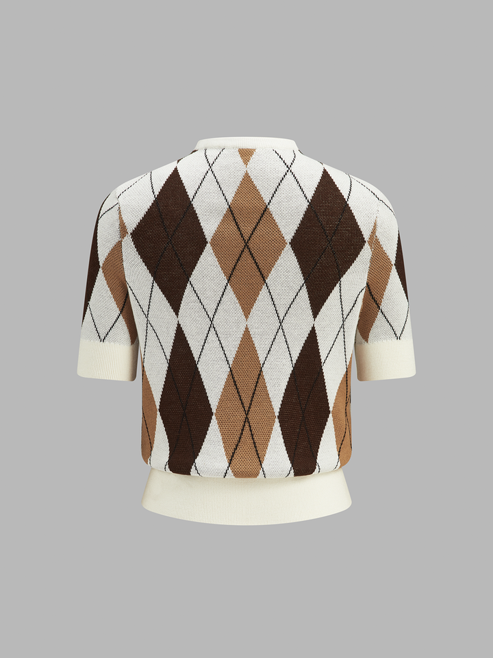 Color-Block Argyle Short Sleeve Knit Sweater - women's sweater, side view