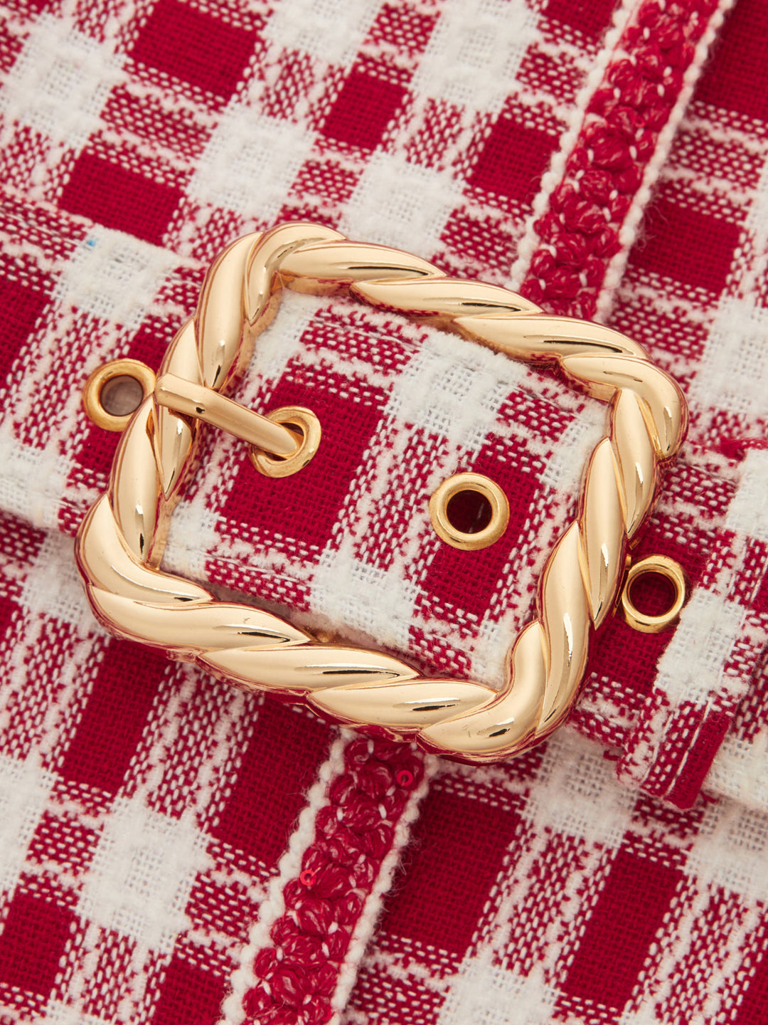 Macro of the twisted gold rectangular belt buckle on the red check tweed vest