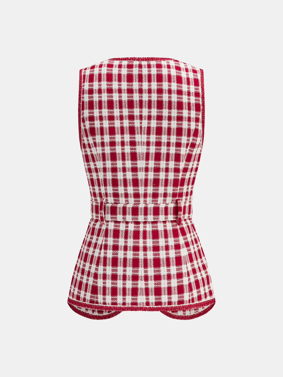Back view of the red check tweed sleeveless vest with scalloped peplum hem