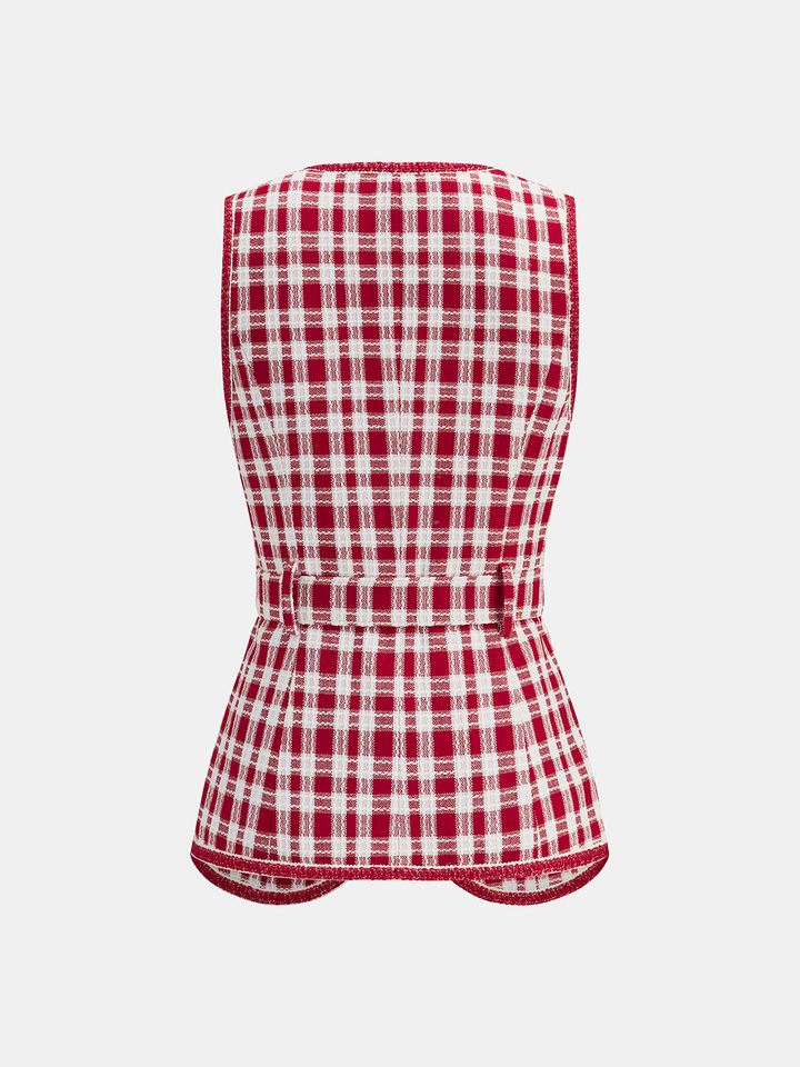 Back view of the red check tweed sleeveless vest with scalloped peplum hem