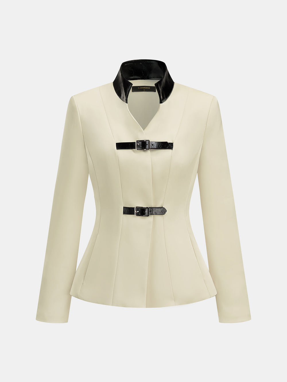 Faux Leather Collar Buckle Detail Fitted Blazer — women's blazers, back view