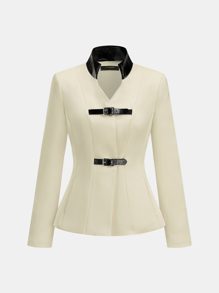 Faux Leather Collar Buckle Detail Fitted Blazer