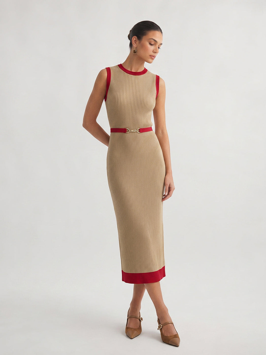 Contrast Trim Belted Rib Knit Dress — women's sweater dresses, front view