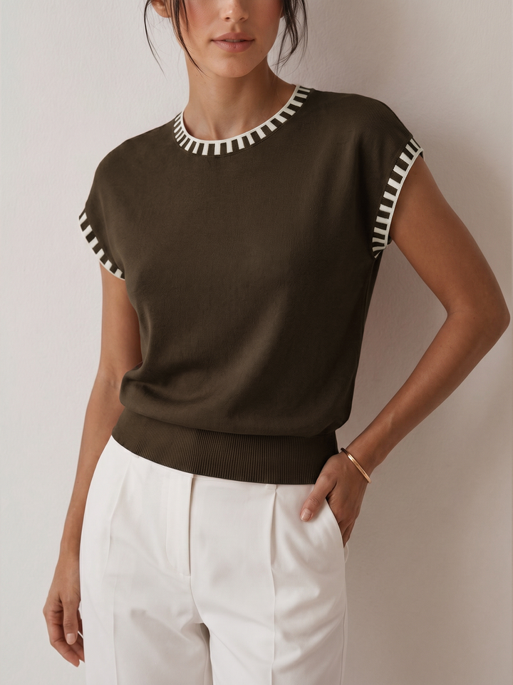 Contrast Trim Cap Sleeve Knit Top - women's knit top, side view