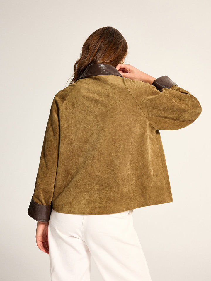 Faux Leather Collar Suede Effect Utility Jacket - women's faux leather jacket, full-length styled look