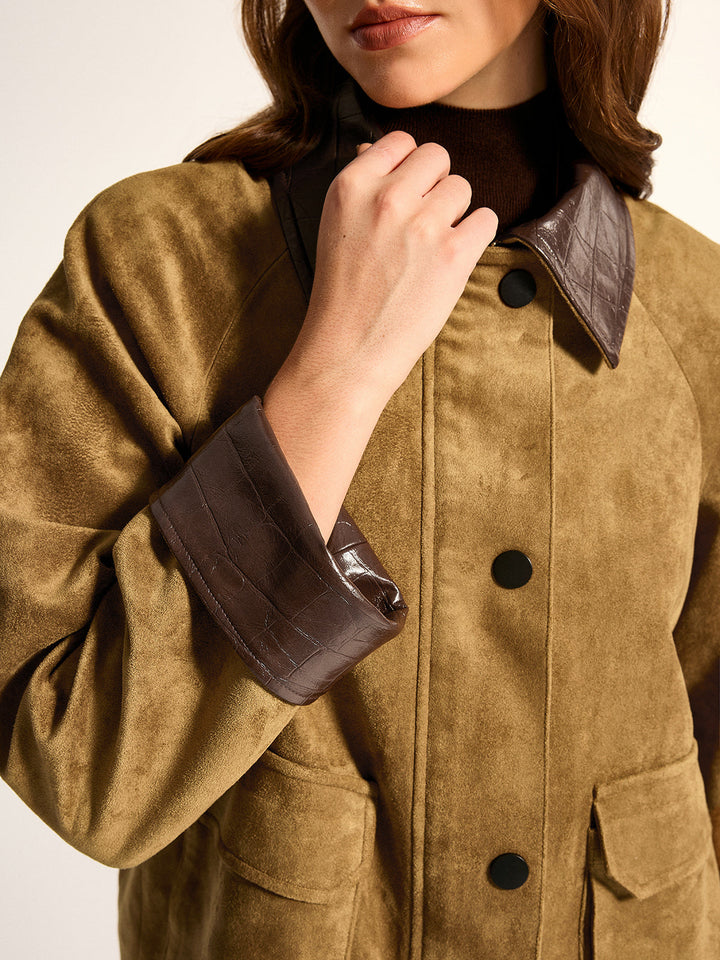 Faux Leather Collar Suede Effect Utility Jacket - women's faux leather jacket, fabric detail