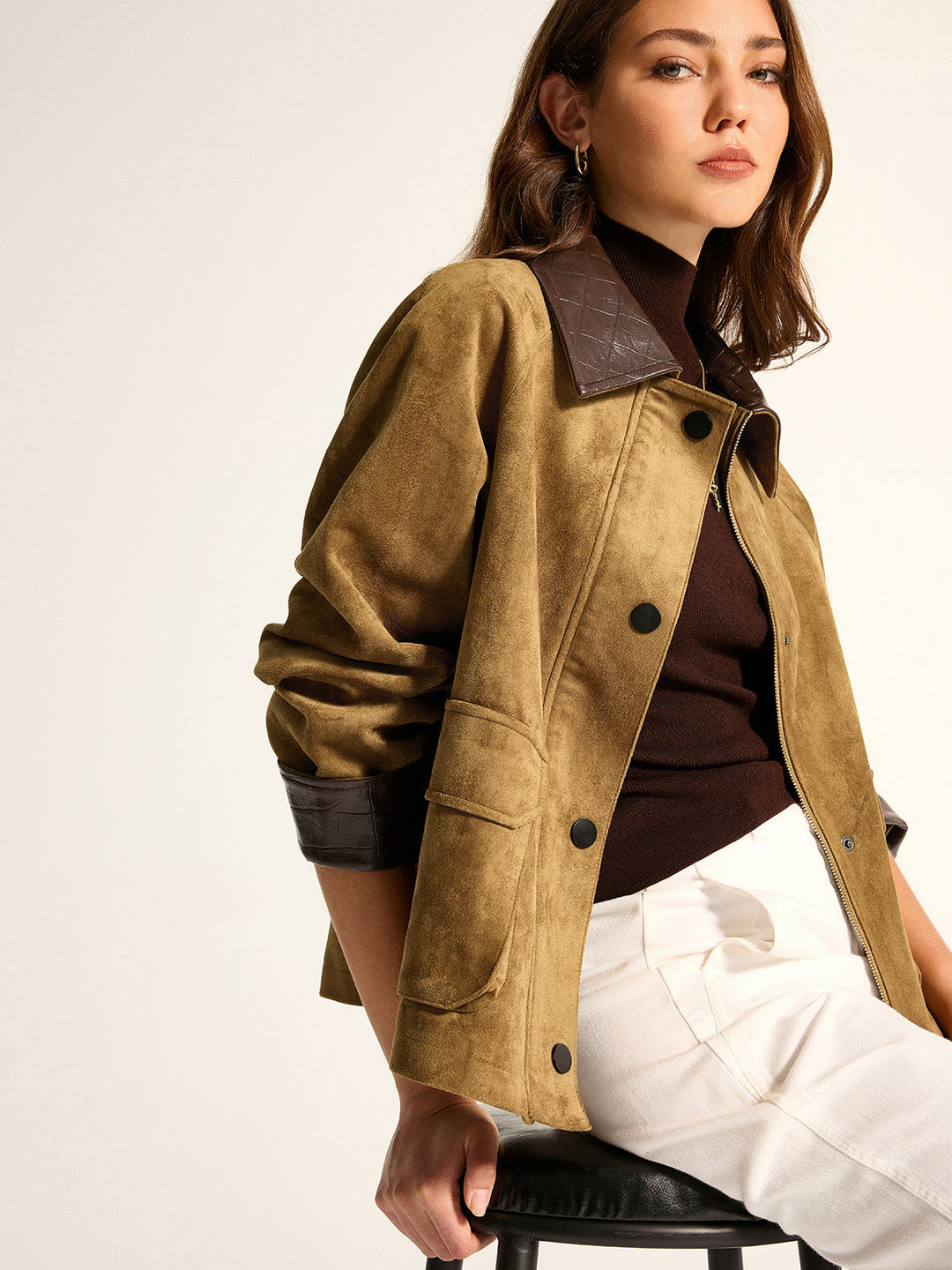 Faux Leather Collar Suede Effect Utility Jacket - women's faux leather jacket, front view