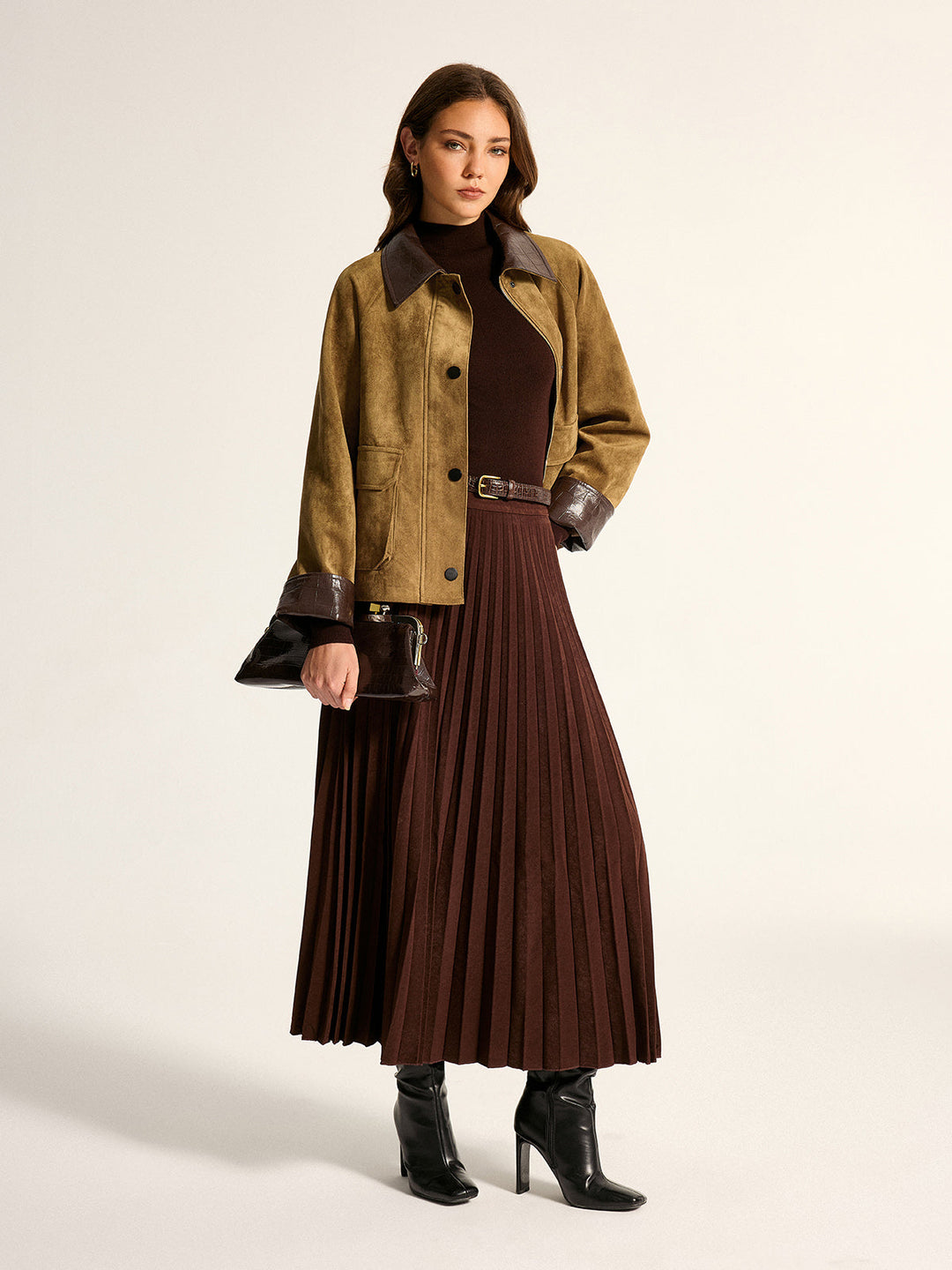 Faux Leather Collar Suede Effect Utility Jacket - women's faux leather jacket, detail close-up