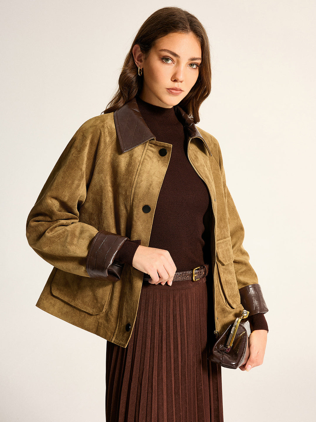 Faux Leather Collar Suede Effect Utility Jacket - women's faux leather jacket, side view