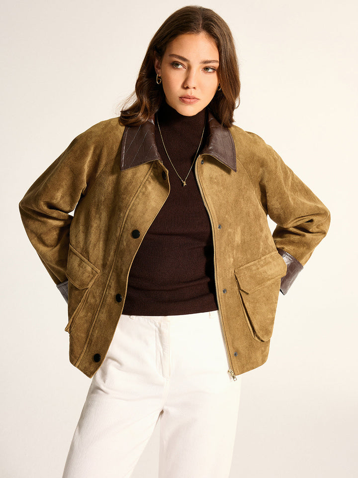 Faux Leather Collar Suede Effect Utility Jacket - women's faux leather jacket, back view