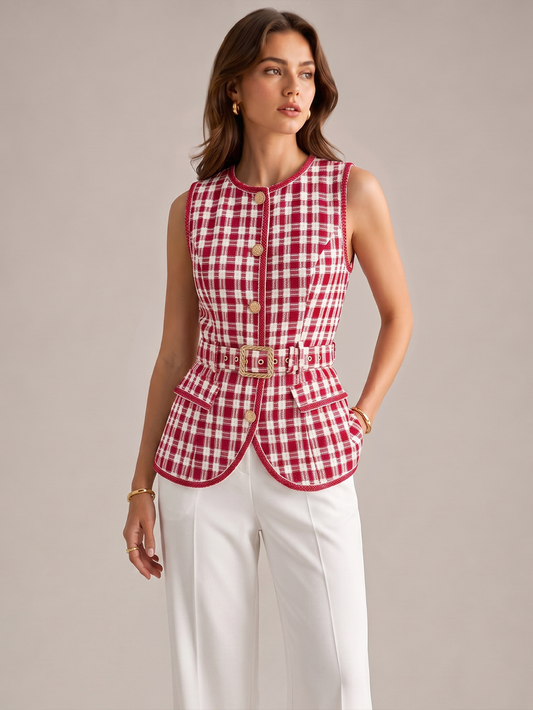 Check Belted Tweed Sleeveless Vest — women's vests, front view