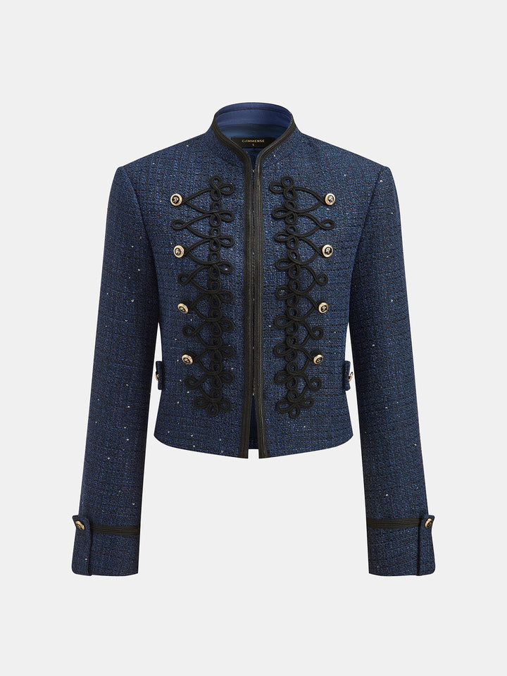 Military‑Style Braided Detail Tweed Blazer