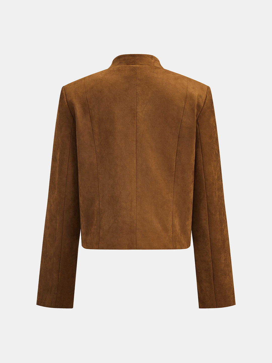 Back view of the cropped tan suede effect jacket showing clean seams and boxy fit