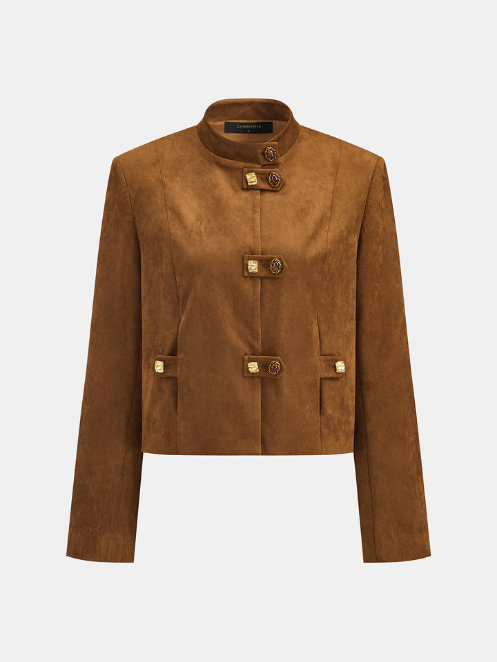 Camel faux suede jacket front view with stand collar, gold metal frog buttons and flap pockets