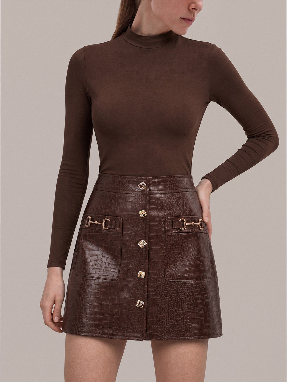 Horsebit Detail Croc‑Embossed Faux Leather Mini Skirt — women's skirts, back view