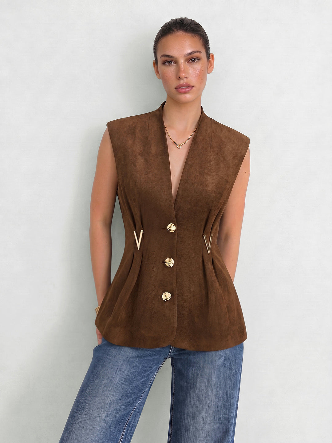 Suede Effect Metal Detail Vest — women's vests, front view