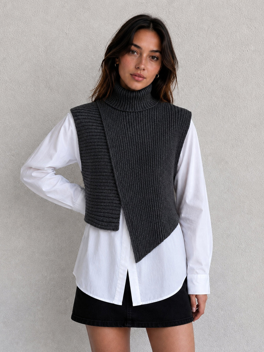 Asymmetric Turtleneck Knit Vest & Cotton Shirt Set — women's knit tops, front view