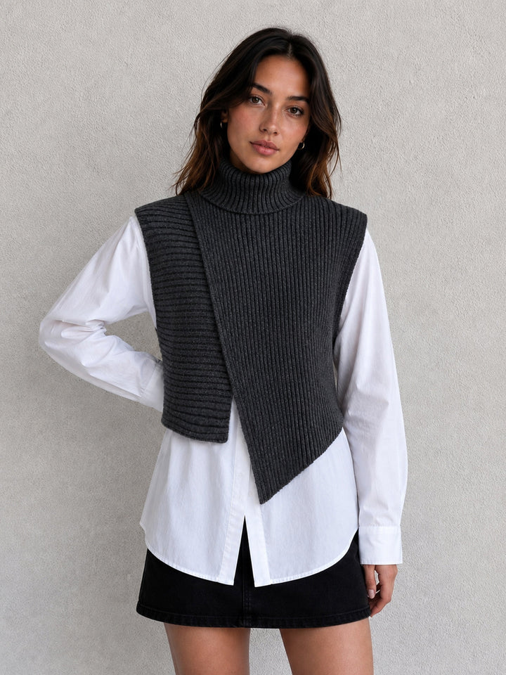 Asymmetric Turtleneck Knit Vest & Cotton Shirt Set - women's knit two-piece set, front view