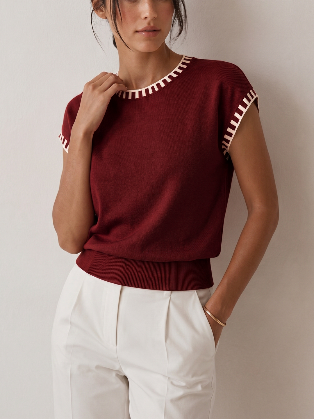 Contrast Trim Cap Sleeve Knit Top - women's knit top, front view