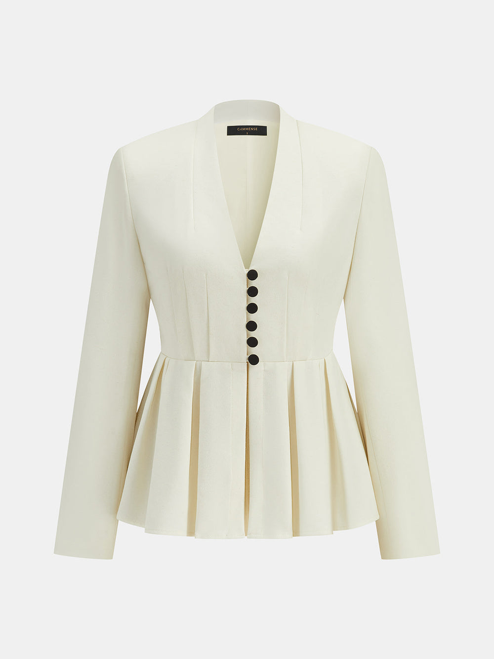 V‑Neck Pleated Peplum Button Blazer — women's blazers, back view