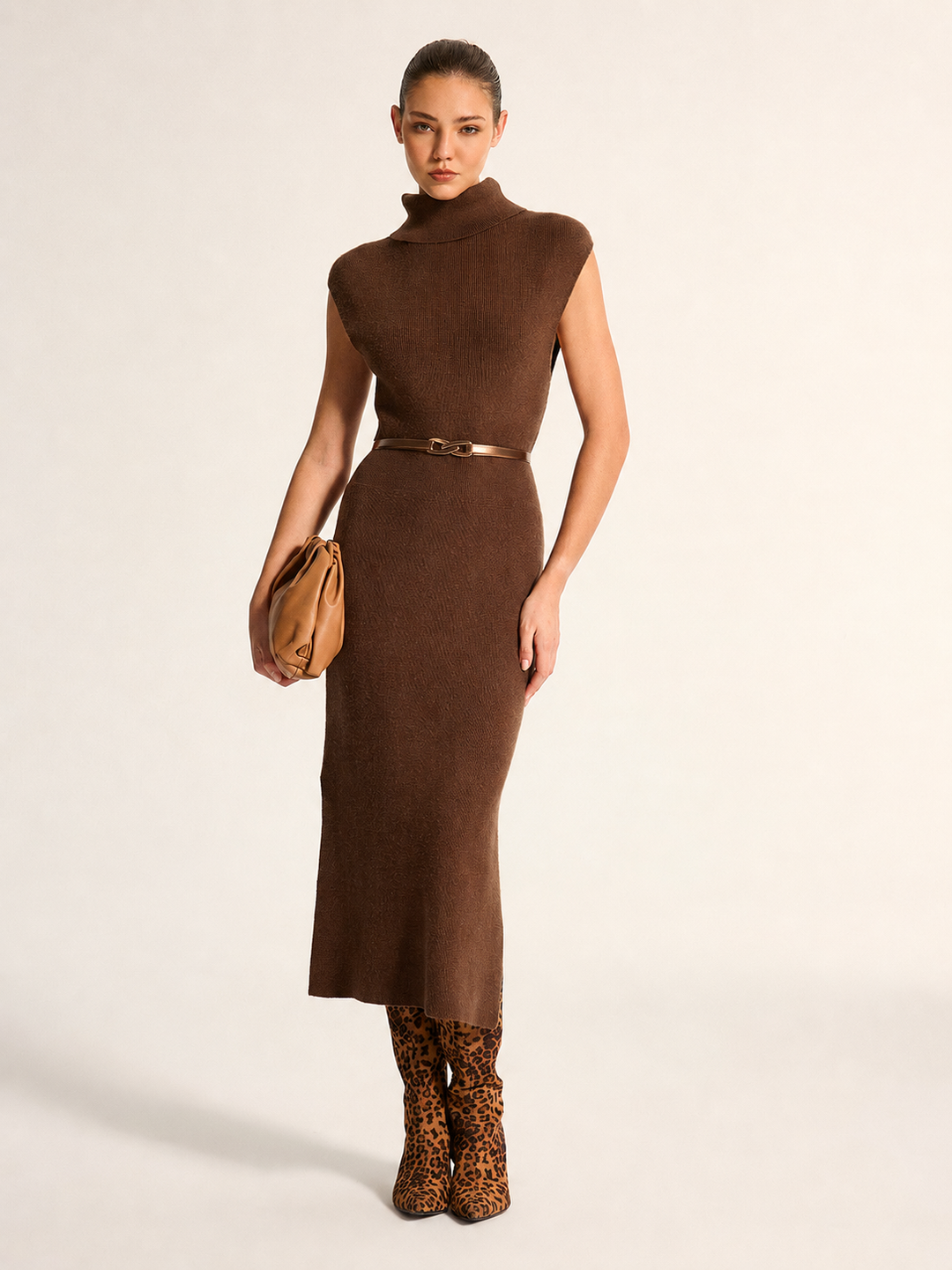 Wool Blend Turtleneck Side Slit Maxi Dress — women's sweater dresses, front view