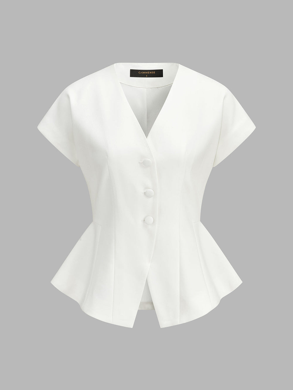 Cap Sleeve V‑Neck Fitted Peplum Blouse — women's vests, back view