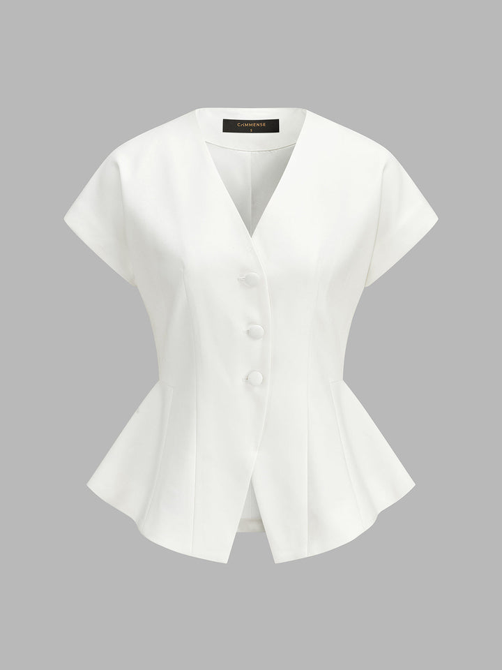 White V-neck fitted peplum blouse flat lay, front view with four covered buttons