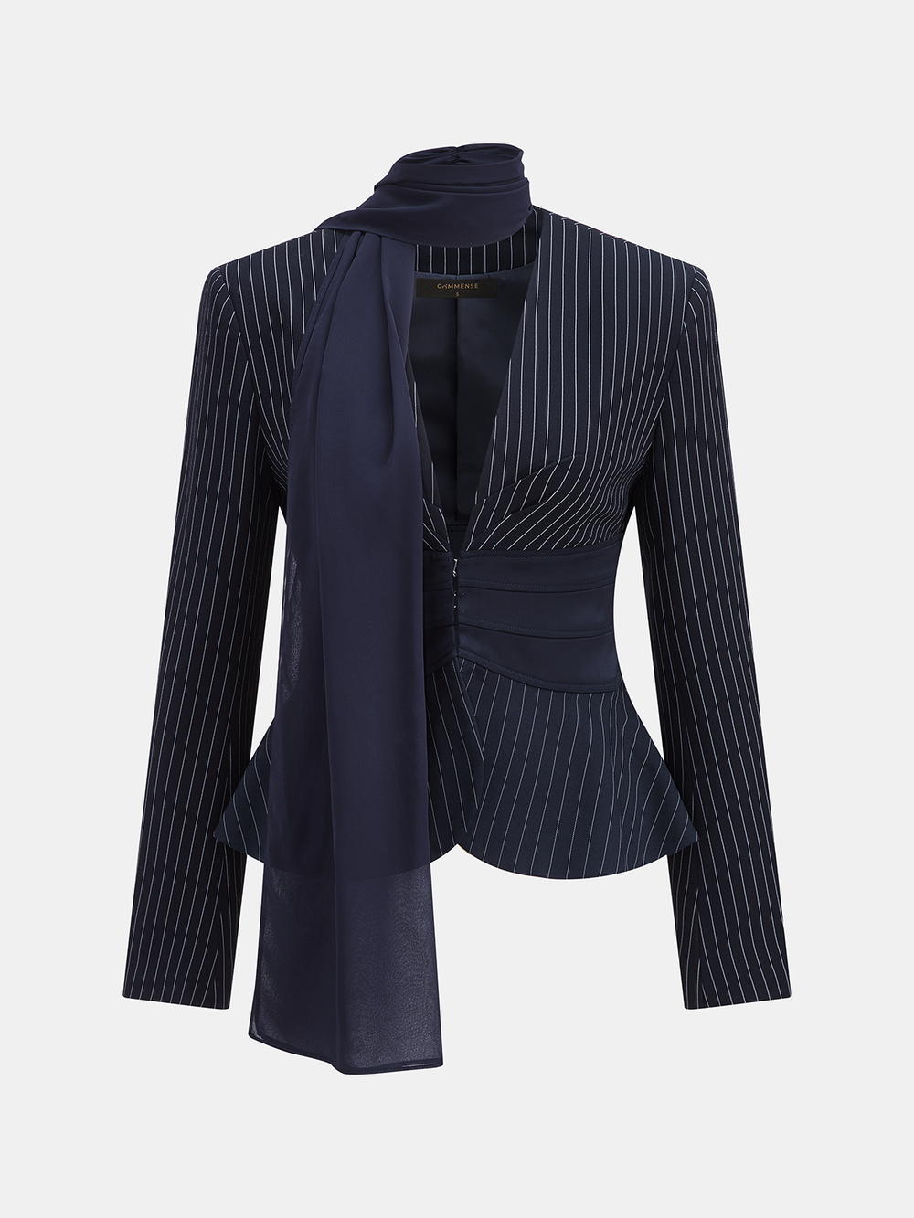 Scarf Collar Pinstripe Blazer — women's blazers, back view