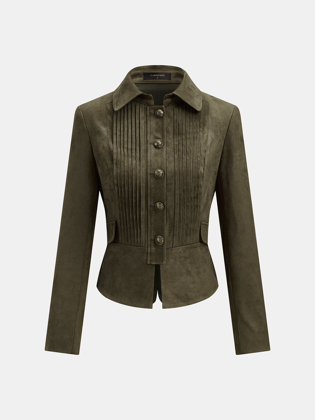 Front view of the army green pleated suede jacket with pointed collar and antique buttons
