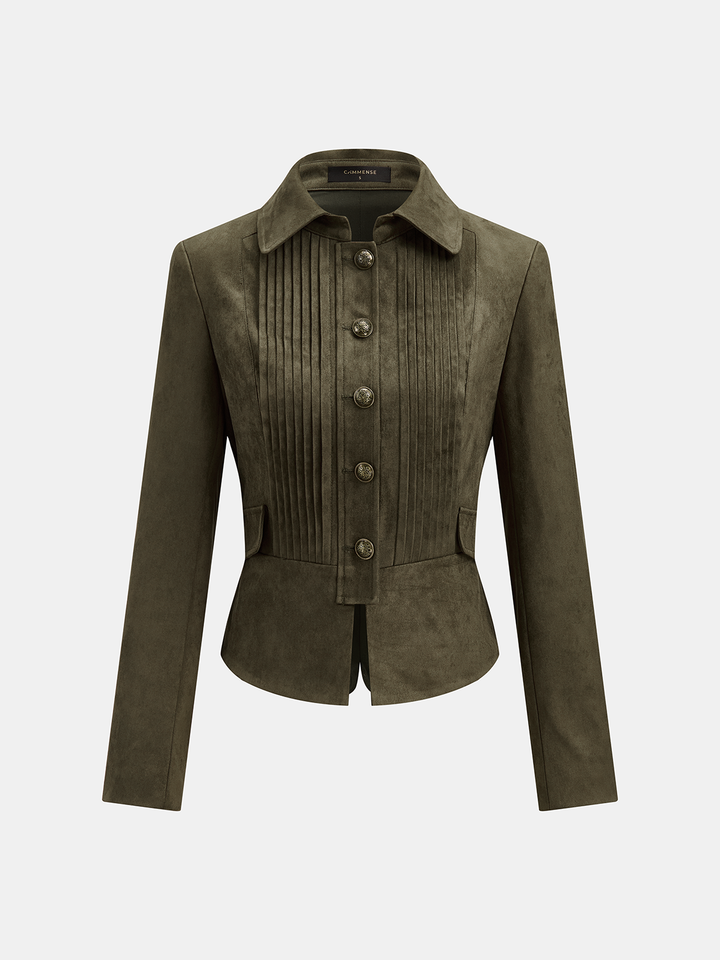 Front view of the army green pleated suede jacket with pointed collar and antique buttons