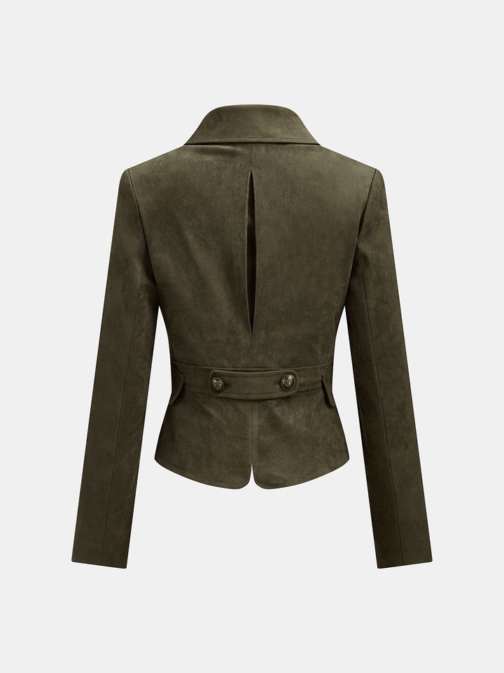 Flat back view of the khaki green cropped jacket with waist tab detail and inverted pleat