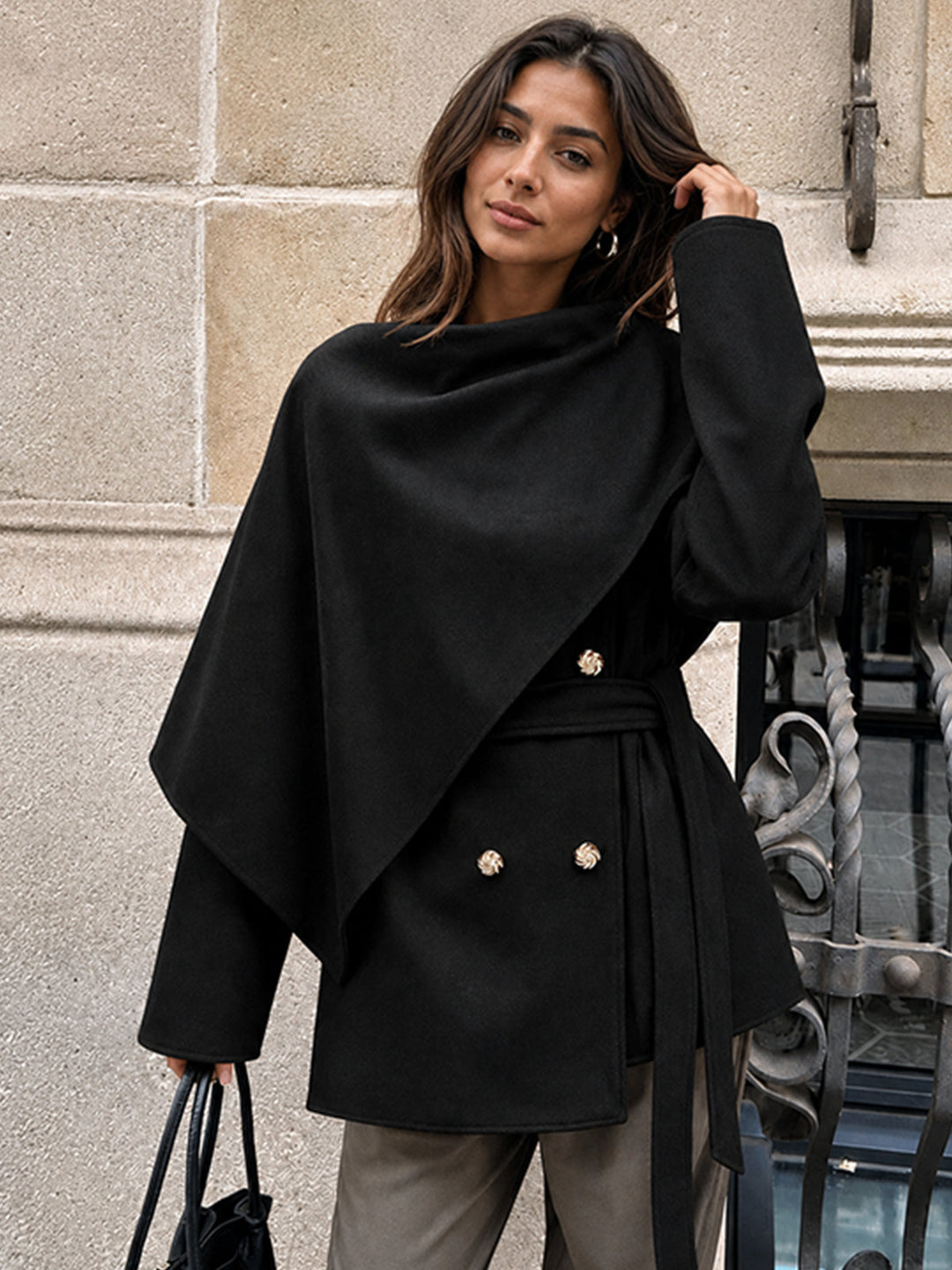 2-Way Belted Double-Breasted Wool-Touch Coat — women's trench coats, front view