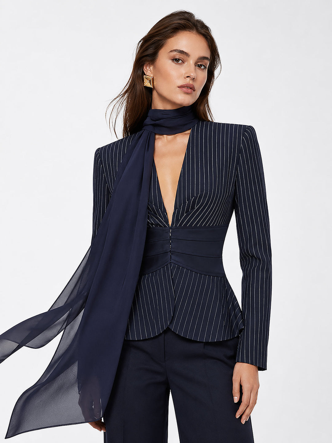 Scarf Collar Pinstripe Blazer — women's blazers, front view