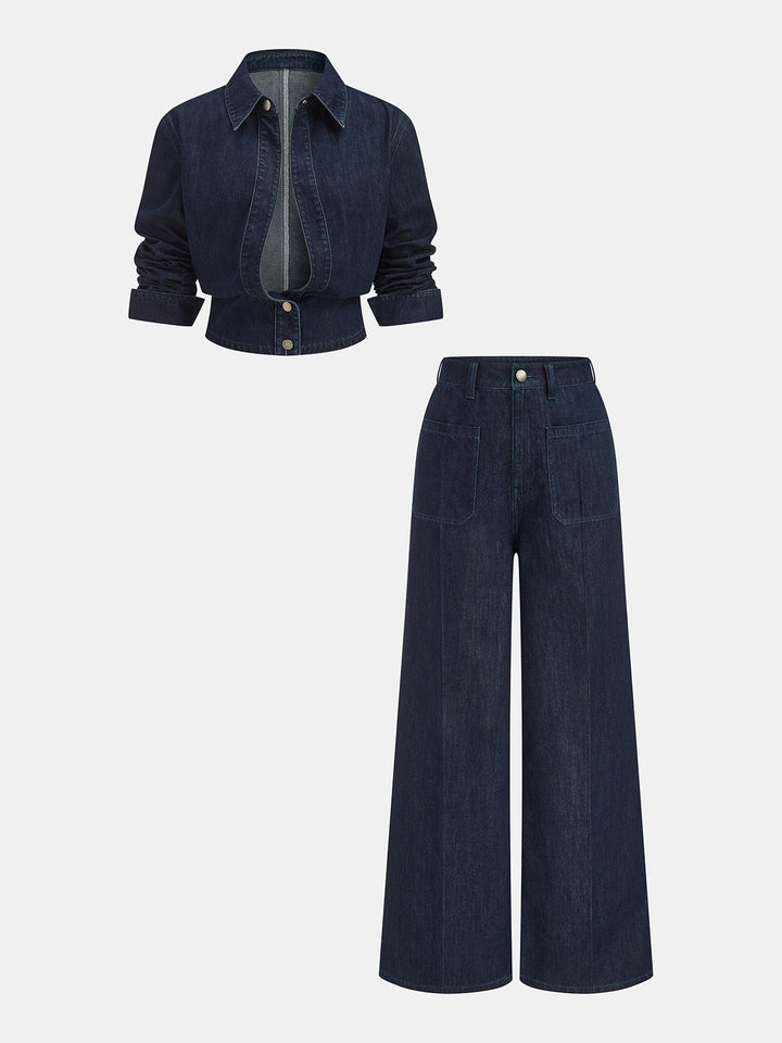 Denim Cropped Shirt & Wide Leg Jeans Set - women's two-piece trouser set, front view