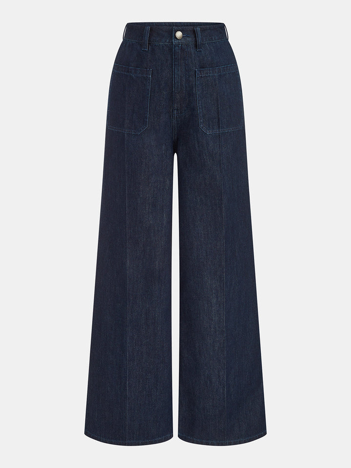 Denim Cropped Shirt & Wide Leg Jeans Set - women's two-piece trouser set, detail close-up