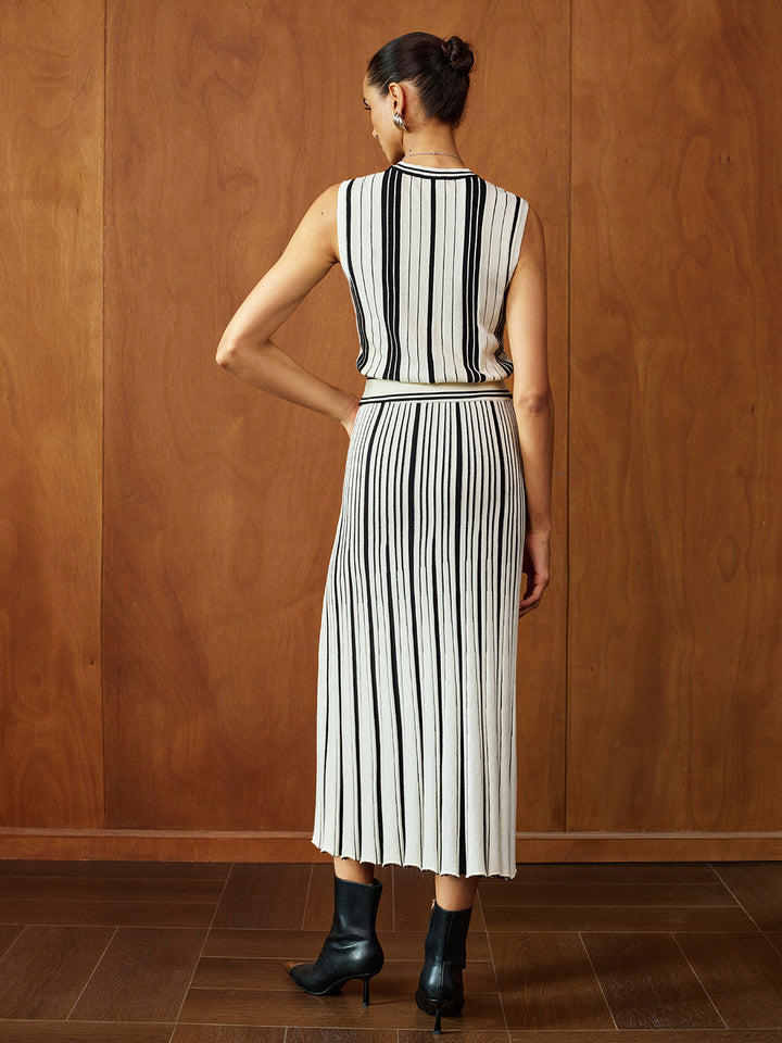 Striped Knit Two-Piece Maxi Skirt Set - women's two-piece skirt set, fabric detail