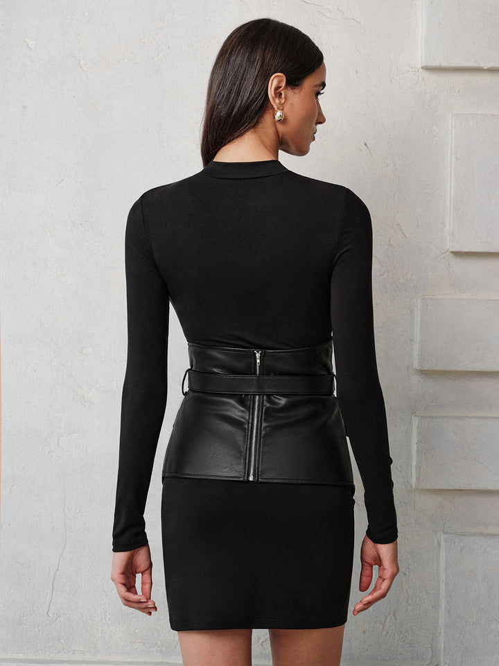 Faux-Leather Corset Overlay Knit Dress - women's knit dress, full-length styled look