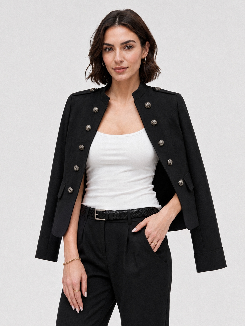 Double Breasted Military Style Jacket woven fabric detail