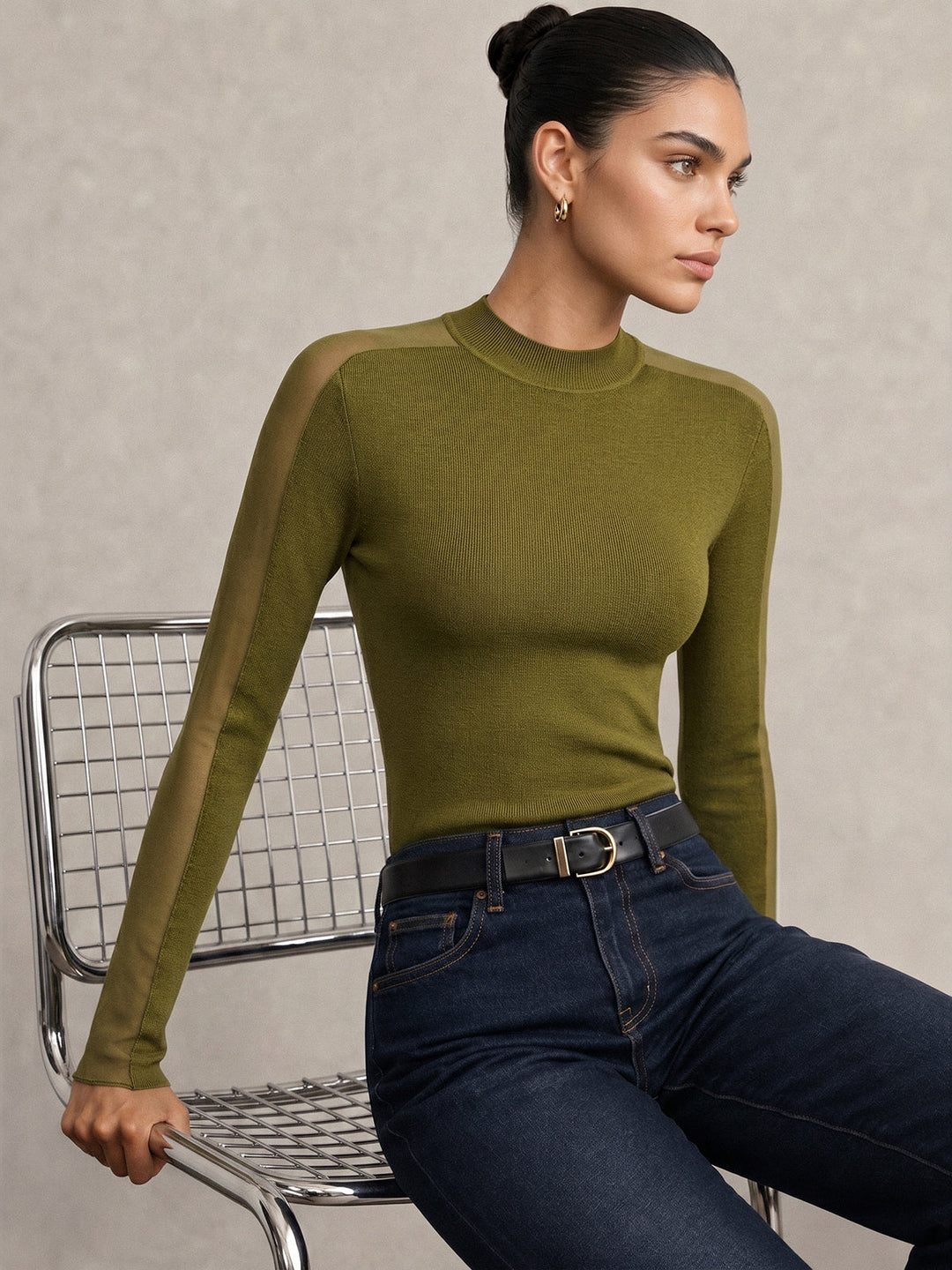 Mock Neck Sheer Panel Slim Knit Top — women's knit tops, front view