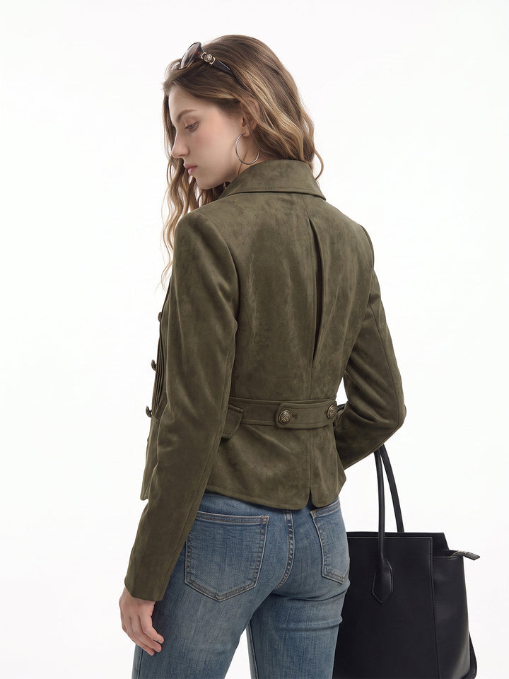 Back view of the olive suede effect fitted jacket showing the centre vent and button tabs