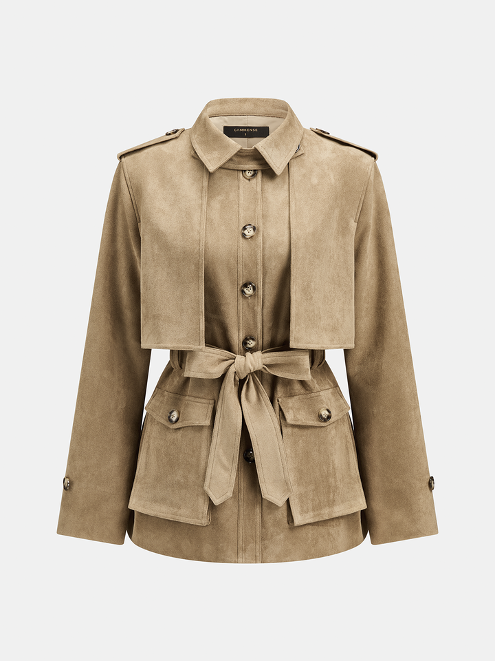 Belted Suede Effect Utility Trench Jacket