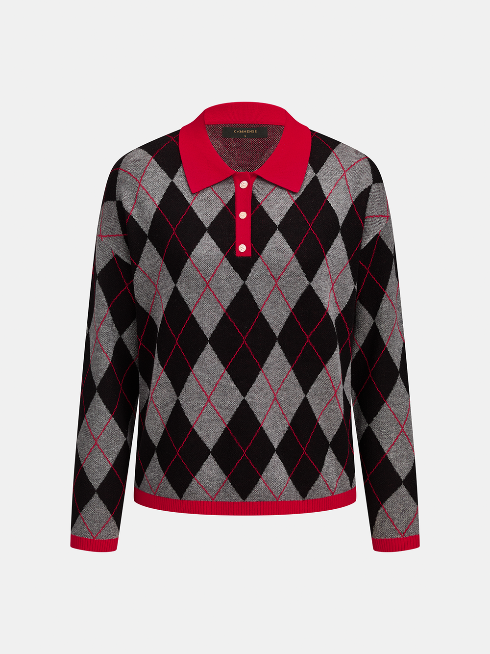 Contrast Polo Collar Argyle Wool Blend Sweater — women's sweaters, back view