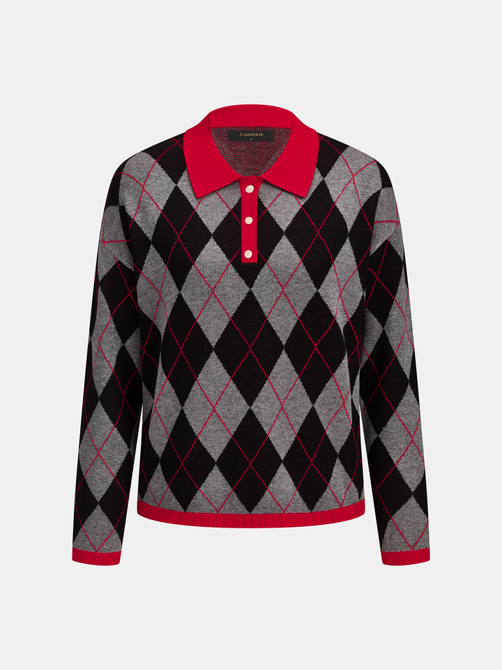 Contrast Polo Collar Argyle Wool Blend Sweater