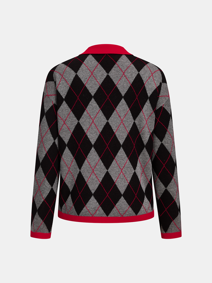Contrast Polo Collar Argyle Wool Blend Sweater