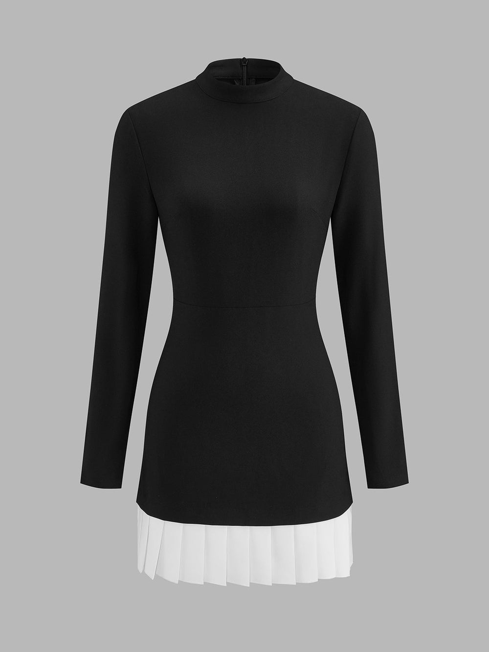 Contrast Pleated Hem Long‑Sleeve Fitted Dress — women's dresses, back view